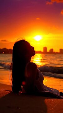 Serene Sunset Moment featuring a silhouette of a woman sitting on the beach sand looking at the golden sun over the ocean, perfect for travel vlogs and Vertical. Video. Portrait Orientation.