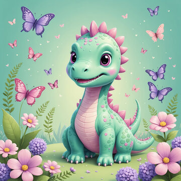 Cute cartoon dinosaur in soft mint green with tiny pink flowers and bu...