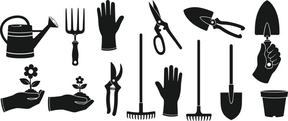 Gardening tools and plant care icon set vector illustration, garden equipment collection with gloves rake shovel pruning tools for farming © MDRAKIB
