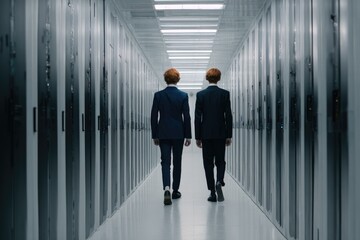 Fototapeta premium Two figures in dark suits walk down a bright, modern server room aisle