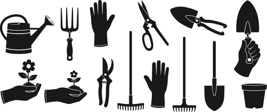 Gardening tools and plant care icon set vector illustration, garden equipment collection with gloves rake shovel pruning tools for farming