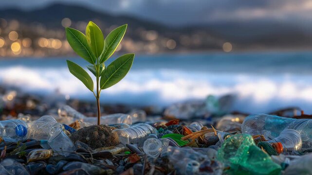 Vibrant green seedling emerging from a mound of plastic bottles and discarded packaging on a beach, gentle ocean waves rolling in the distance, warm golden light highlighting the y