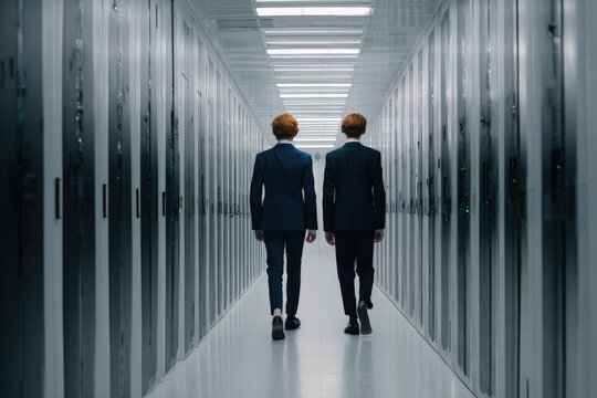 Two figures in dark suits walk down a bright, modern server room aisle