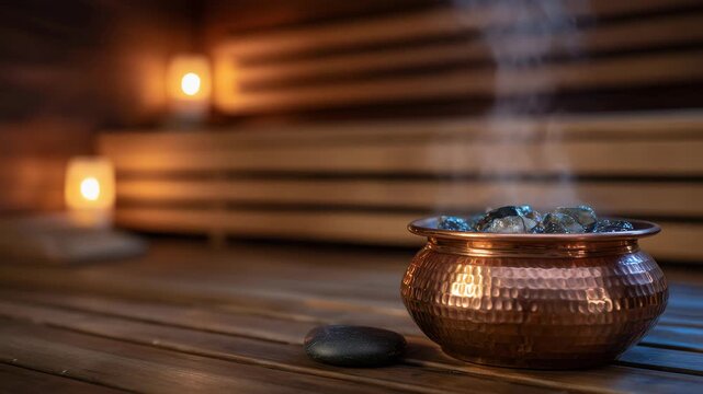 Warm sauna interior with copper pot releasing drops of essential oil into a bowl, soft mist rising from hot stones, wooden benches and walls bathed in amber light, holistic wellnes