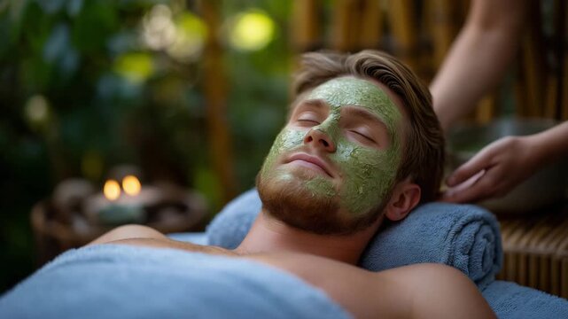 Wellness and self-care concept featuring a man lying on a spa table while a therapist spreads a hydrating facial mask evenly across his face, natural daylight filtering through cur