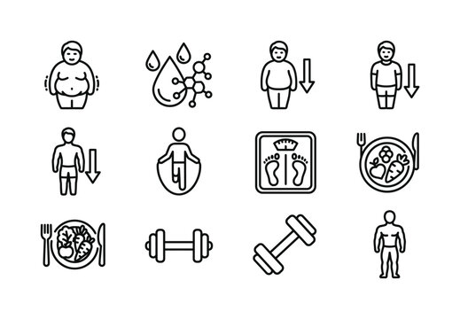 Vector line icons for health, fitness, and weight loss. Includes symbols for obesity, metabolism, exercise, healthy food, and body transformation. Clean, modern design.