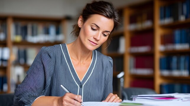 A personal care aide helps someone fill out an asylum application in a library