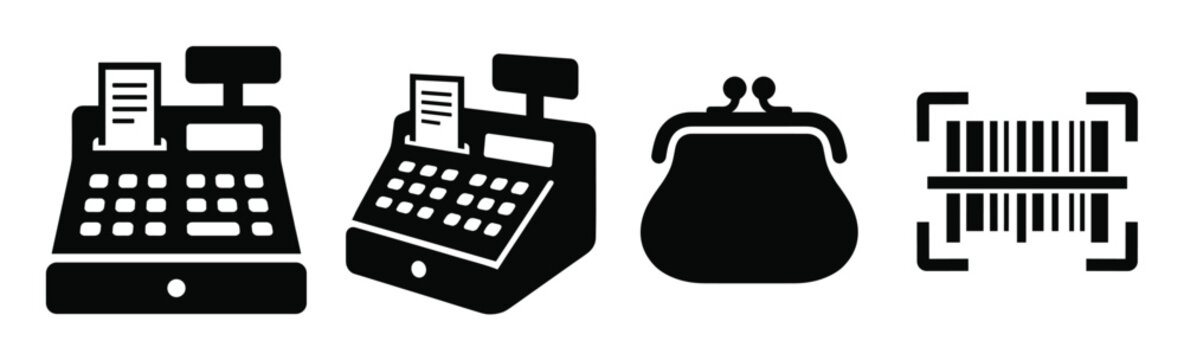 Set of essential retail and finance vector icons featuring cash registers, a purse, and a barcode. Ideal for e-commerce, banking, and shopping designs.
