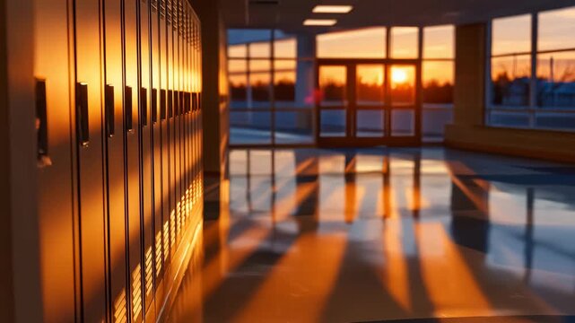 Wide panoramic school hallway empty at sunset, long metallic lockers casting geometric shadows across gleaming floor, soft orange sunlight spilling in through tall windows, reflect