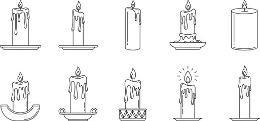 Minimalist Candle Icon Set Featuring Burning Wax Candles With Melting Drips And Decorative Holders In A Clean Vector Line Art Style © Maslima