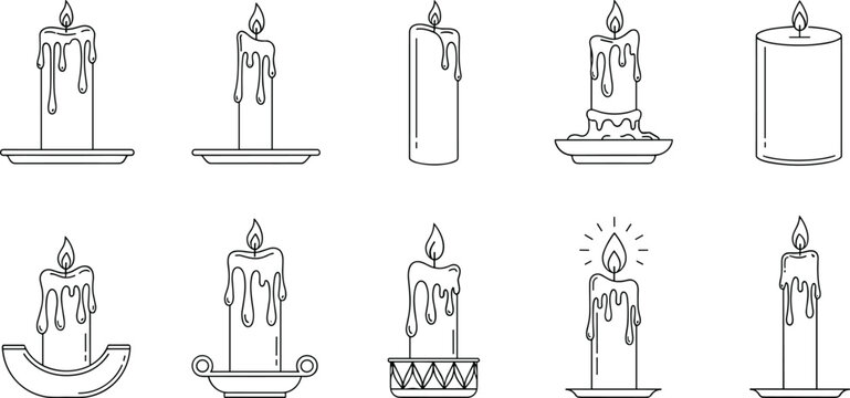 Minimalist Candle Icon Set Featuring Burning Wax Candles With Melting Drips And Decorative Holders In A Clean Vector Line Art Style