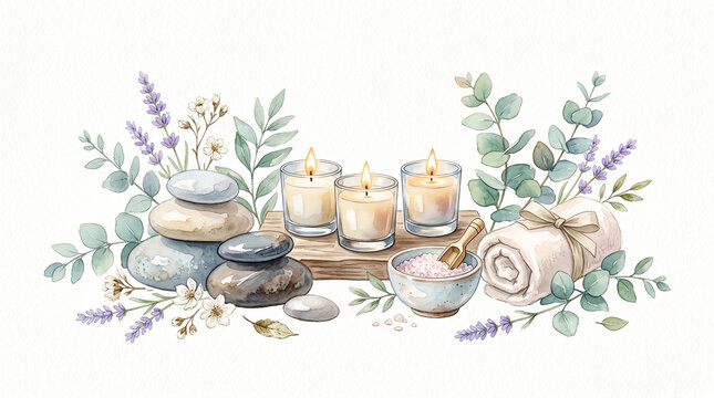 Serene spa composition with lit candles, smooth stones, herbal elements, and rolled towel, evoking relaxation and tranquility