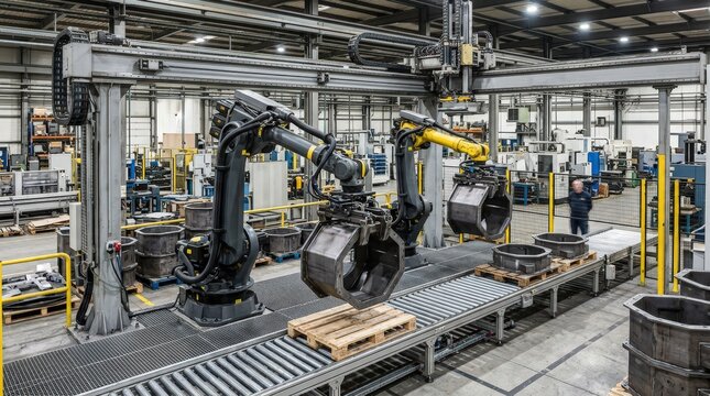 Gantry robot system maneuvering bulky casings with synchronized arms highlighting efficient highvolume automated loading and unloading.