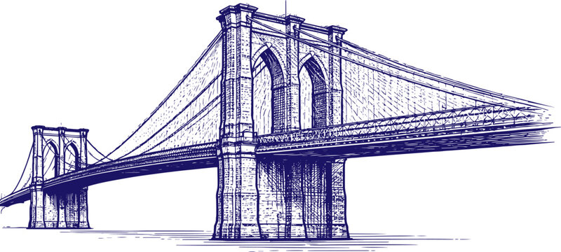 Brooklyn Bridge Hand Drawn Line Art Sketch, New York City Landmark Illustration, Minimalist Architectural Drawing, Vintage Ink Outline, Urban Skyline Artwork, Detailed Suspension Bridge Design, Travel