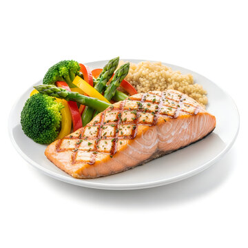 Grilled salmon fillet with roasted vegetables on a plate isolated on white background
