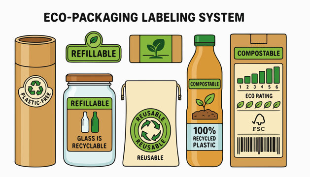 Eco Packaging Labeling System &ndash; Ultra Clean Flat Vector UI Set, Refillable, Compostable, Recyclable Badges