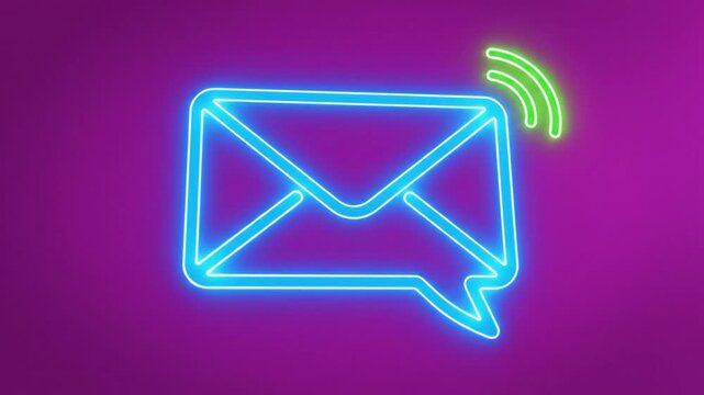 Neon blue email icon animation with speech bubble and wireless signal on magenta background