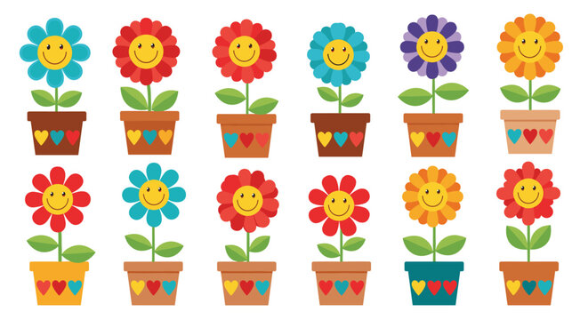 Set of twelve potted flowers with friendly smiley faces on their centers and colorful hearts decorating the flower pots.