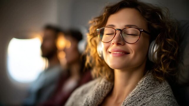 Woman peacefully resting on a plane with headphones on, bright sunlight entering through the oval window and lighting her face, drink placed on the fold-down tray, cozy blanket and
