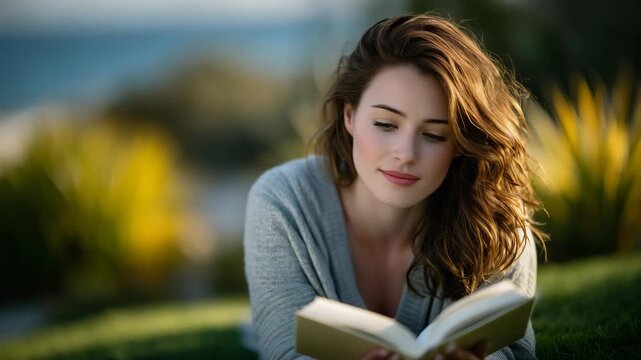 Young woman enjoying a calm reading session while lying on a sunny park lawn, holding an open book against the bright sky, sunlight illuminating her face and the vivid greenery aro