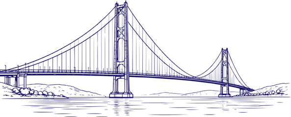 Fototapeta premium 1915 Çanakkale Bridge hand drawn line art sketch, detailed architectural illustration of Çanakkale 1915 suspension bridge, minimalist black and white outline drawing, engineering landmark concept