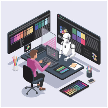 Isometric Designer Workspace with Holographic Assistant, UI Panels, Typography Grid, and Floating Assets.