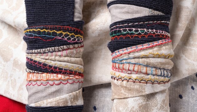 Detailed medium shot of lap joint seams highlighting intricate stitch patterns and fabric layers in textile manufacturing.