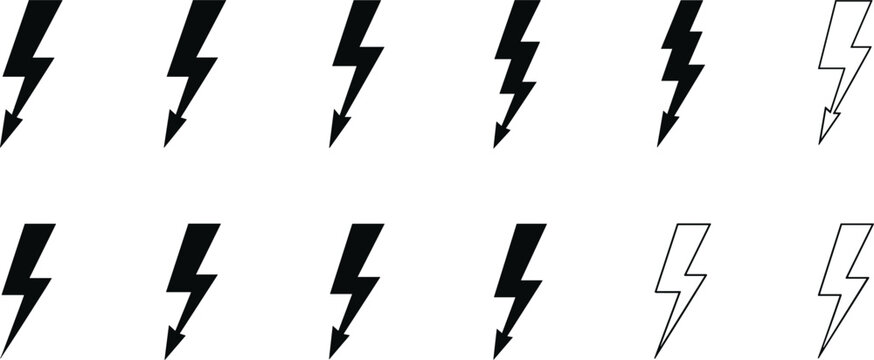 Collection of black lightning bolt and flash thunder vector icons in various styles for electricity energy and power supply concepts.