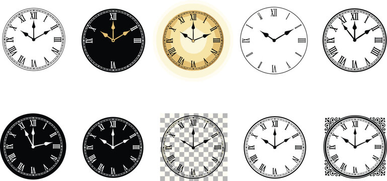 Elegant collection of vintage clock faces featuring roman numerals in various black white and gold styles for classic timekeeping designs
