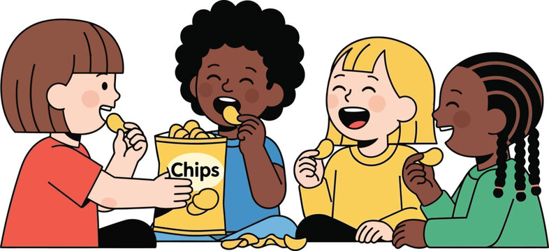 Diverse children enjoy eating potato chips from a large bag, happy friendship snack time