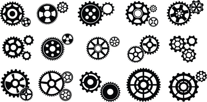 Large collection of black gear and cogwheel vector silhouettes in various configurations for industrial machinery engineering and technical process designs.