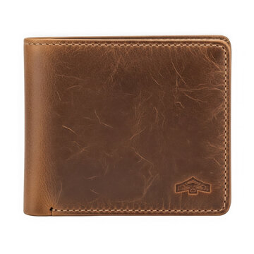 Rustic distressed brown leather bifold wallet with visible stitching and as isolated element