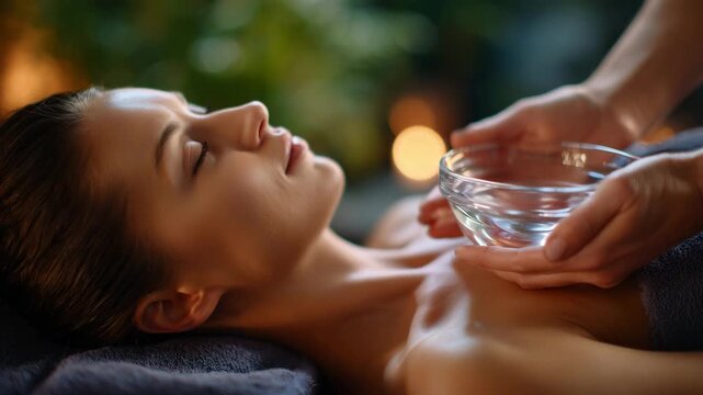 Young woman resting on a spa table during cupping therapy, therapist&rsquo;s hands gently lifting a glass cup, soft natural light creating warm ambiance, peaceful spa environment, altern