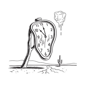 A surreal desert scene with a melting clock and ice cube