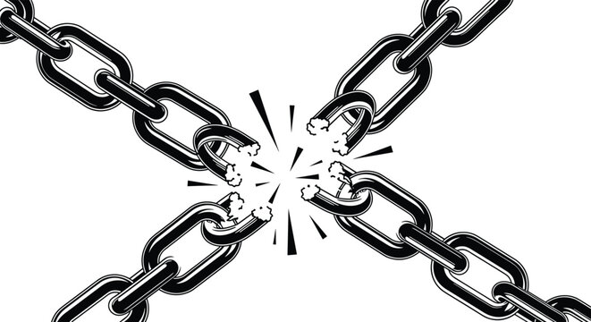 Dramatic illustration of heavy metal chains being broken apart with sparks flying in the center against a white background.