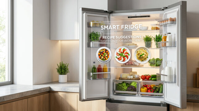 Open refrigerator with fresh vegetables, dairy and beverages featuring transparent smart fridge interface showing recipe suggestions based on available ingredients.