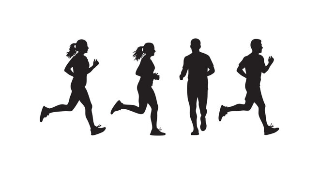 Silhouettes of men and women running and jogging in motion, depicting fitness and active lifestyles.