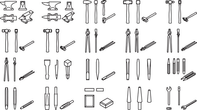 Artisanal tools are meticulously arranged, a black-and-white minimalist design focusing on craftsmanship. A collection of blacksmith tools showcased in a clean outline.