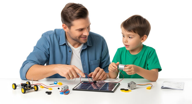 A man and a boy working together on an electronics project at a table