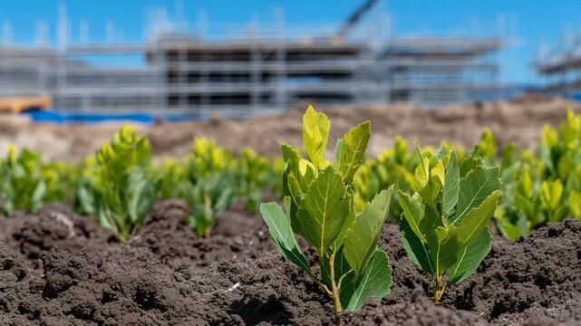 Bright daylight view of a former construction zone converted into a phytoremediation site, young birch saplings in organized rows across newly reclaimed soil, remnants of old concr