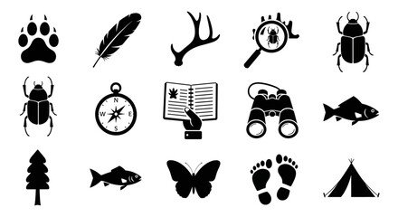 Obraz premium Collection of black silhouette icons for outdoor adventure and nature exploration activities