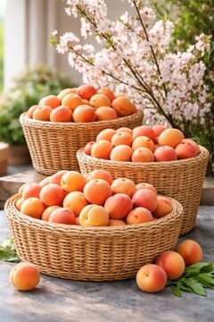 Fresh apricots in woven baskets with blossom branches at market