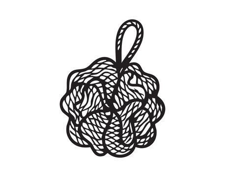Mesh shower pouf drawn in outline minimalist lineart evokes calm wellness ritual, bathroom accessory hanging on loop, textured mesh suggesting soft foam and gentle exfoliation, versatile icon for spa