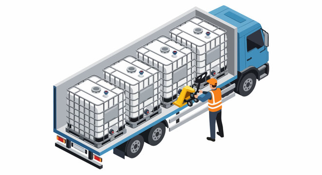Isometric Truck Loading with IBC Containers and Warehouse Worker with Pallet Jack for Chemical Logistics and Supply Chain Transportation
