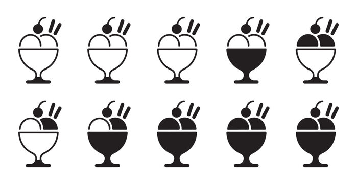 Set of ice cream sundae icons in glass bowls with cherry and wafer sticks, outline and solid vector illustration