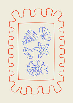 Elegant vintage poster with hand drawn line seashells, starfish and ruffled frame. Vector illustration in sketch style. Summer whimsical greeting card