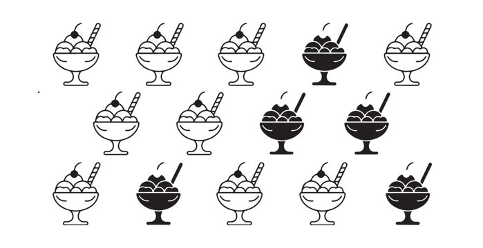 Collection of ice cream sundae icons featuring various styles of glasses and toppings, black and white vector set
