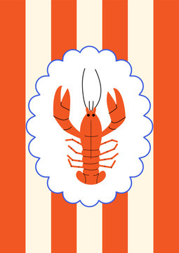 Vector flat illustration of lonster on striped background. Summer italian poster in retro groovy style