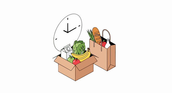 Isometric Grocery Delivery Service Illustration with Fresh Food Box, Paper Bag, and Clock Concept for Fast Online Shopping