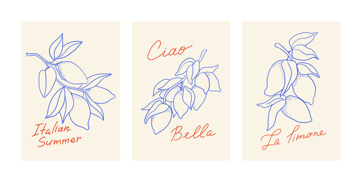 Set of vintage elegant posters with lemon branches and handwritten calligraphic quotes. Italian summer, Ciao Bella and La limone (means hello beautiful and lemon on italian). Vector line illustration